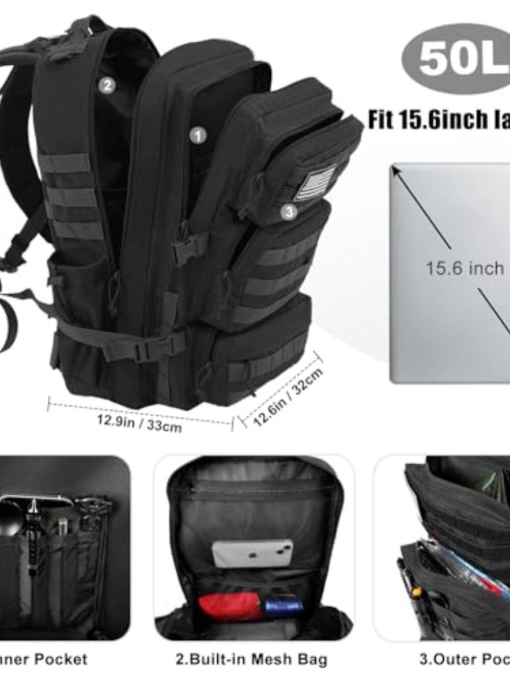 50L Military Tactical Backpack Large Day Backpack - Picture 4 of 6